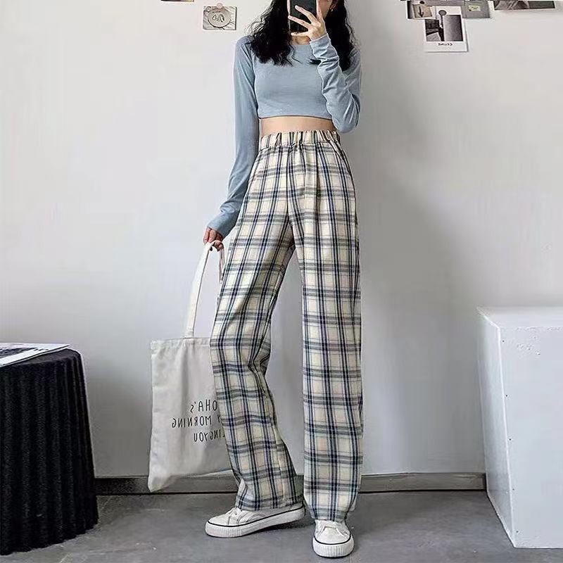 ใหม่กางเกงลายสก๊อตสีฟ้าบางหลวมขนาดใหญ่กางเกงผู้หญิงเอวสูงกางเกงขากว้างแฟชั่นกางเกงลําลองเกาหลี