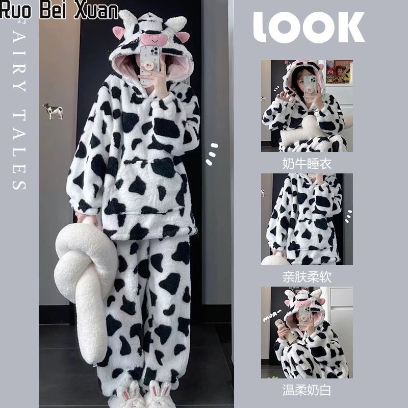 Ruo Bei Xuan ชุดนอนผ้ากํามะหยี่ มีฮู้ด ลายวัว