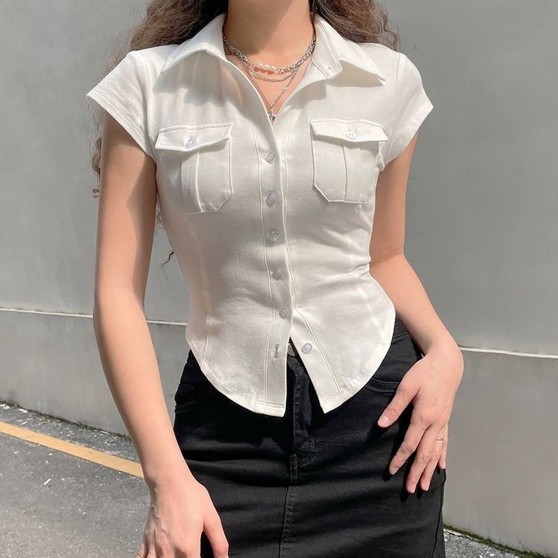 คลังสินค้าพร้อม Fast Shipping Pure Desire สไตล์เสื้อยืดแขนสั้นผู้หญิงฤดูร้อนสไตล์ใหม่ Slim-Fit Slimmer ดูการออกแบบ S