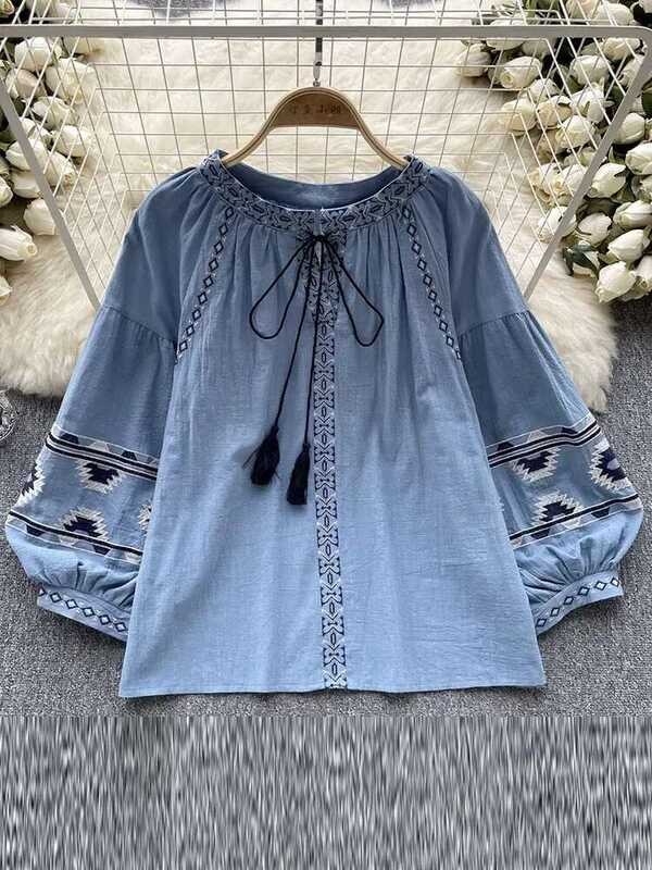 D4186 บลูสแขนยาวคอวีปักลายสไตล์ชาติพันธุ์ย้อนยุคสำหรับผู้หญิงฤดูใบไม้ผลิและฤดูใบไม้ร่วง