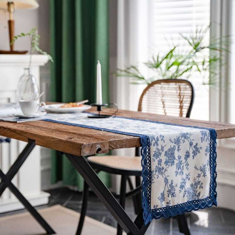 LY Printed Pastoral Table Runner Dark Blue Rose Wer Table Runner Polyester Cotton Material
