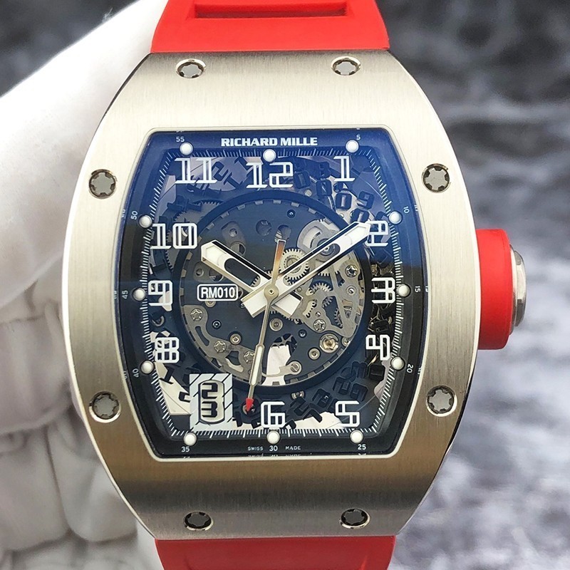 R RM RM010 นาฬิกาผู้ชาย 18K สีขาว Gold Skeleton Dial วันที่ 39x48 มม.นาฬิกากลไกอัตโนมัติ