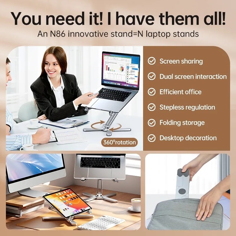 N86พับได้แล็ปท็อปยืน360 MC ° หมุนโน้ตบุ๊คอะลูมินัมอัลลอ