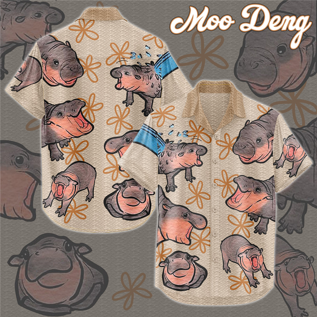 เสื้อหมูเด้ง หมูเด้ง เสื้อเชิ้ตแขนสั้นพิมพ์ลายฮิปโป unisex สไตล์น่ารัก เสื้อหมูเด้ง