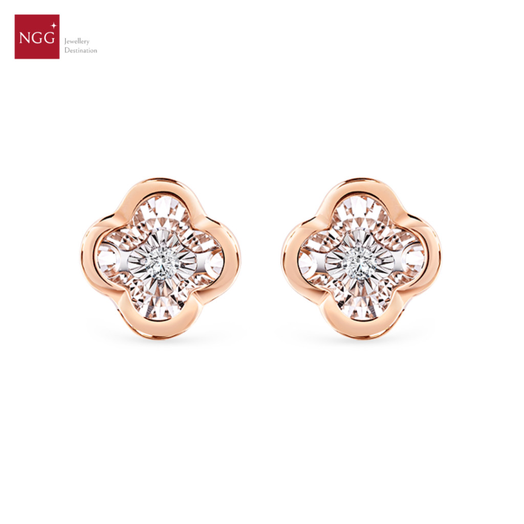 NGG Dazzling Diamond Success Clover 18K Rose Gold Success Clover Earring - ต่างหูเพชรแท้ (มีใบรับปร