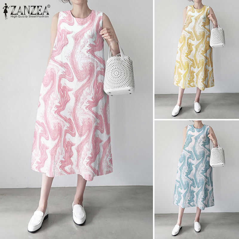 ❤ Esolo ZANZEA Muslimah ผู้หญิงมุสลิมโบฮีเมียนพิมพ์ชุดเดรสสำหรับฤดูร้อนกลางคอลูกเรือชุด KRS