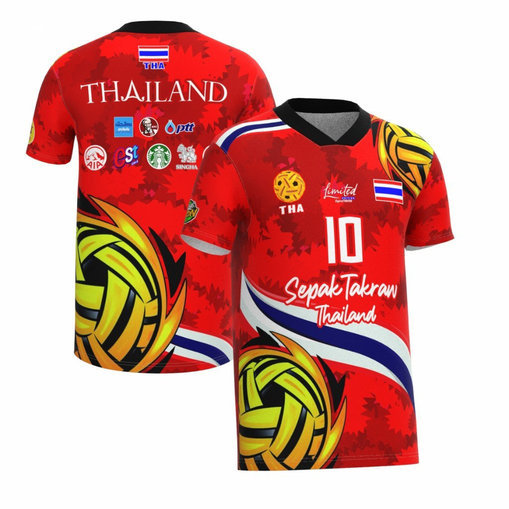 เสื้อกีฬา ลายตะกร้อ ขึ้นฟาดตะกร้อ เบอร์10ด้านหน้า เนื้อผ้าไมรโคร พร้อมส่ง