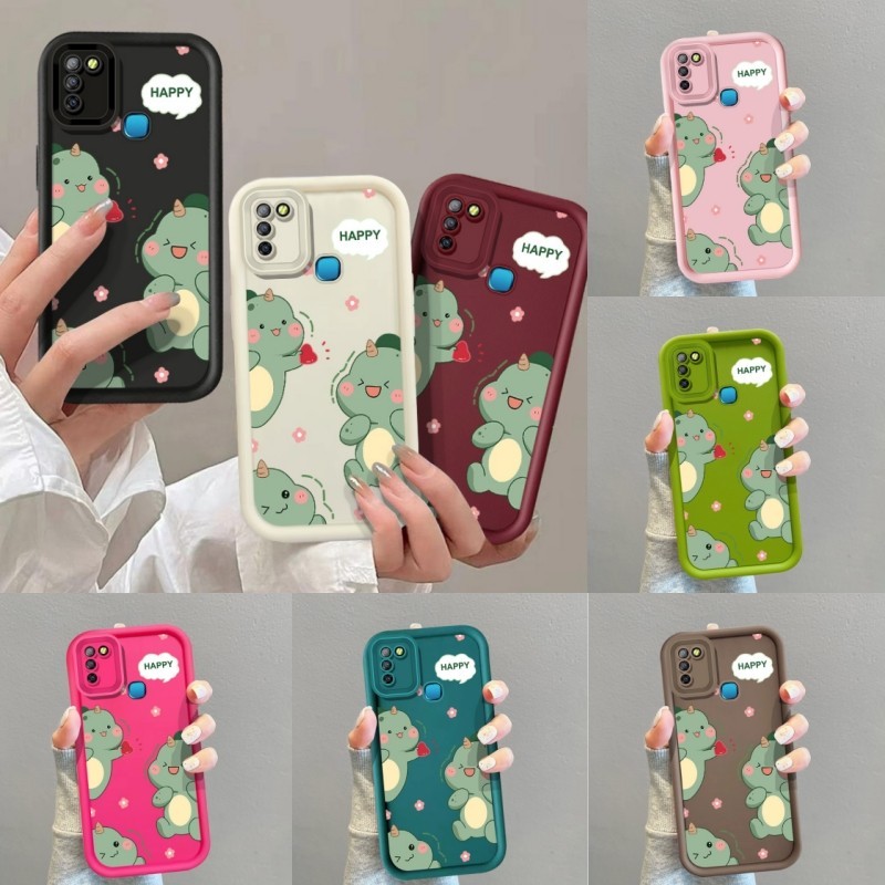 สําหรับ Infinix Hot 10 Lite Hot 9 10 11 Play Hot 12i 20i 30 30i 40i 40 Pro / Infinix X680 / Tecno Spark 20 Pro ปลอกการ์ตูนน่ารัก Happy ไดโนเสาร์คู่กันกระแทกซิลิโคนอ่อนนุ่ม