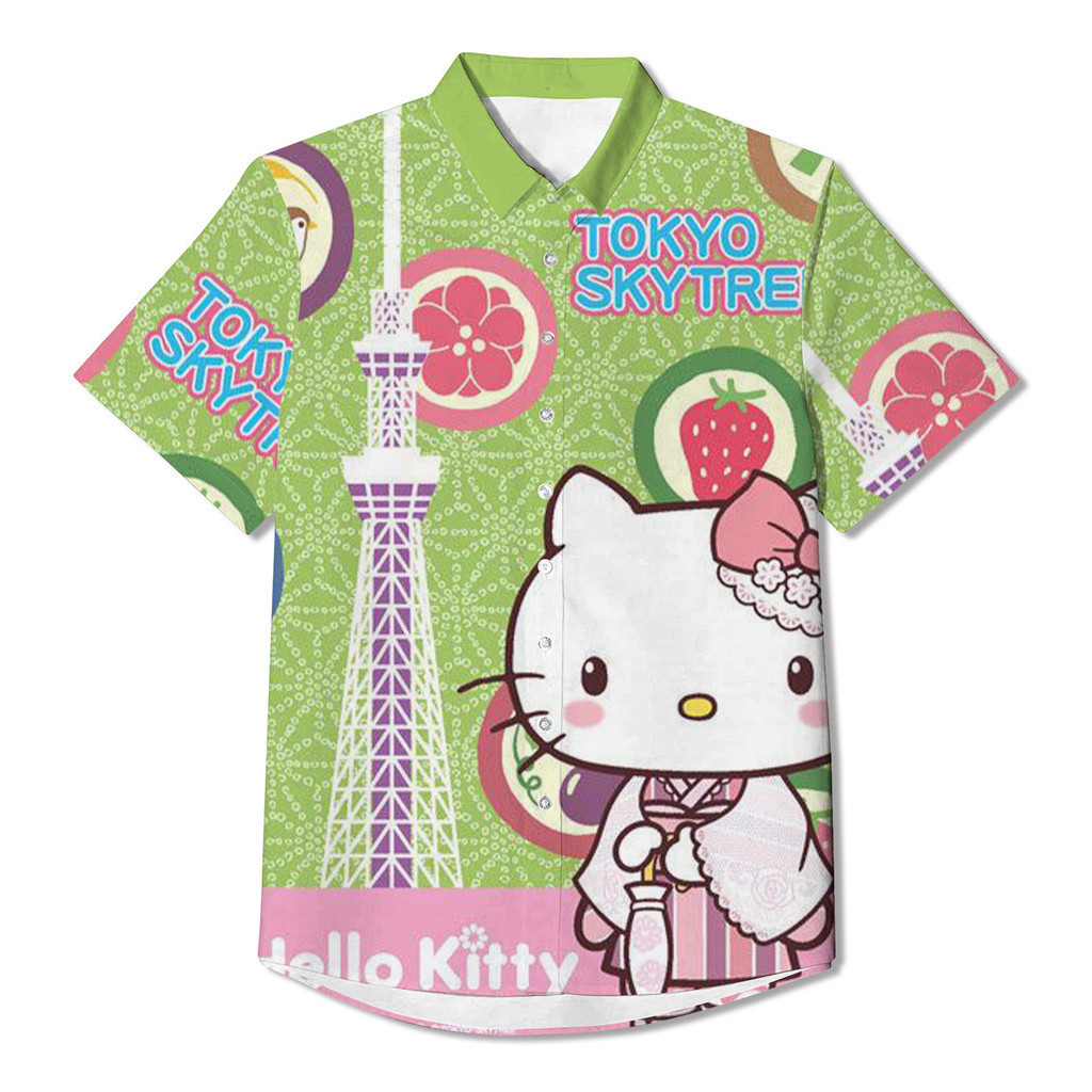 Kawaii HELLO KITTY เสื้อเชิ้ตแขนสั้นเสื้อเชิ้ตลายดอกไม้ลําลอง