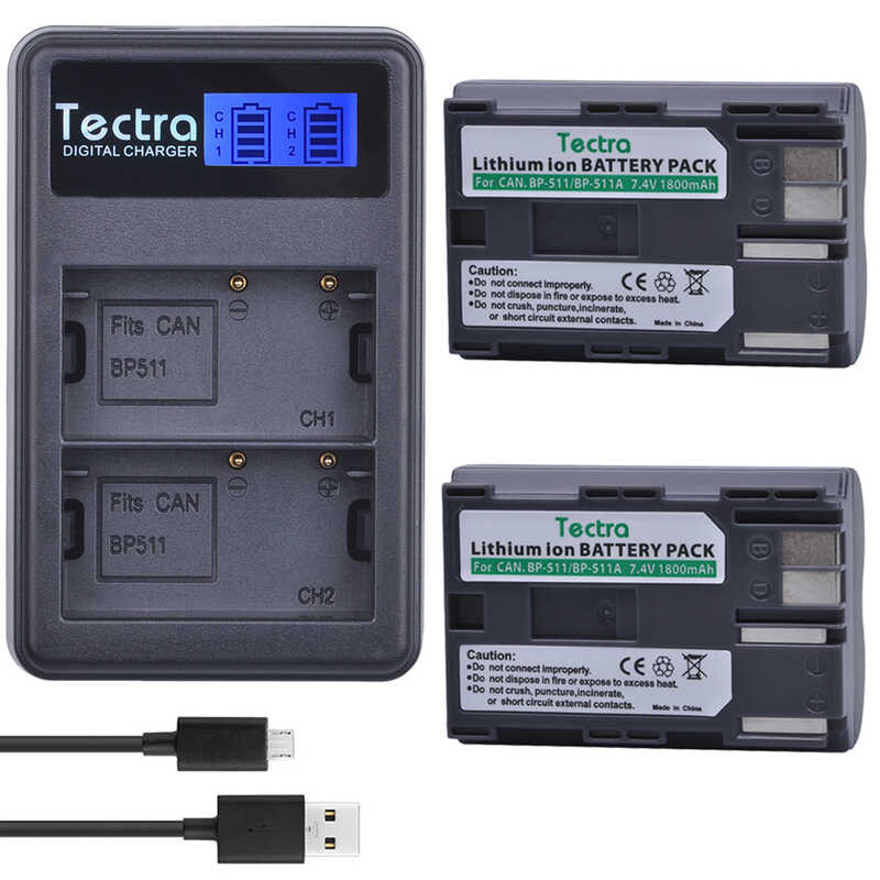Tectra e 2PCS BP-511 BP-511A BP 511 Li-ion Battery +LCD USB Dual Charger for Canon G6 G5 G3 G2 G1