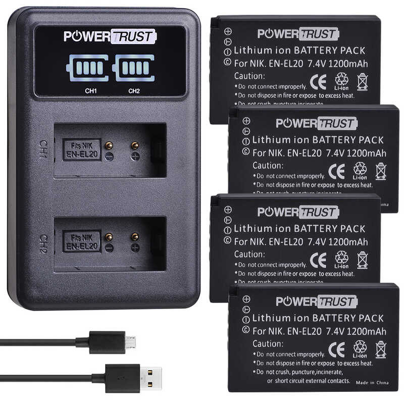 PowerTrust b 4Pc EN-EL20 EN-EL20A EN EL20a Battery akku +LED USB Dual Charger for Nikon Coolpix P