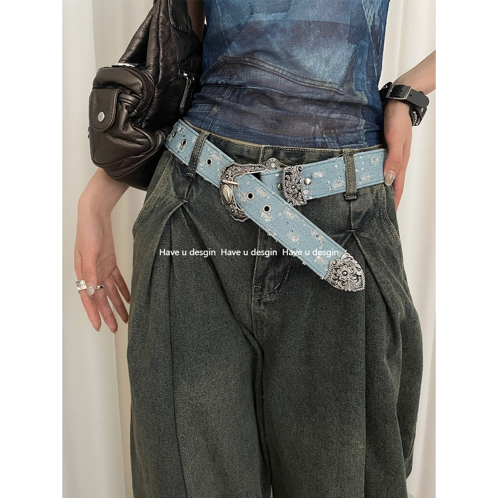 มี u desgin Retro Denim Design Belt Female y2k Distressed American Style Matching Jeans Belt เข็มขัด