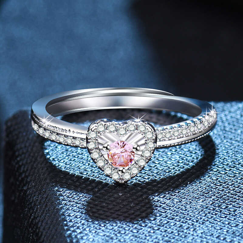 TikTok Love Heart Pink แฟชั่นสตรีแสงหรูหราเฉพาะออกแบบรูปหัวใจสีชมพู Mosan Diamond Ring แหวนนิ้วมือ