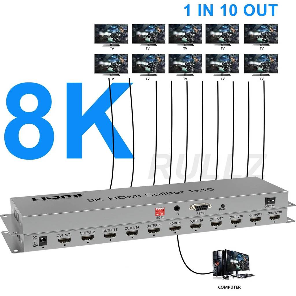 8k 60Hz HDMI Splitter 1x10 1 ใน 10 Out Multi Screen Splitter Audio Video Converter HDR 3D RS232 สําหรับ PS4 กล้องแล็ปท็อป PC To TV