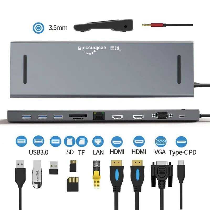 USB-C ฮับ Type C 11-in-1 พร้อม 4K VGA Dual HDMI D 100W USB 3.0 SD, TF, 3.5MM Audio RJ45 Ethernet สำห