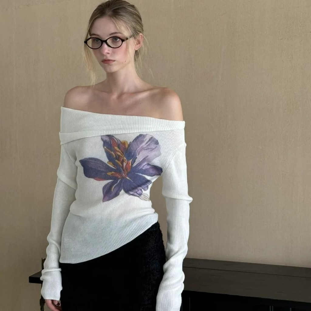 Shanmieleng One-Shoulder Floral All-Match ไม่สม่ําเสมอ Hem พิมพ์ถักเสื้อกันหนาวต้นฤดูใบไม้ร่วง Pure Desire สไตล์สาวร้อนยาว @