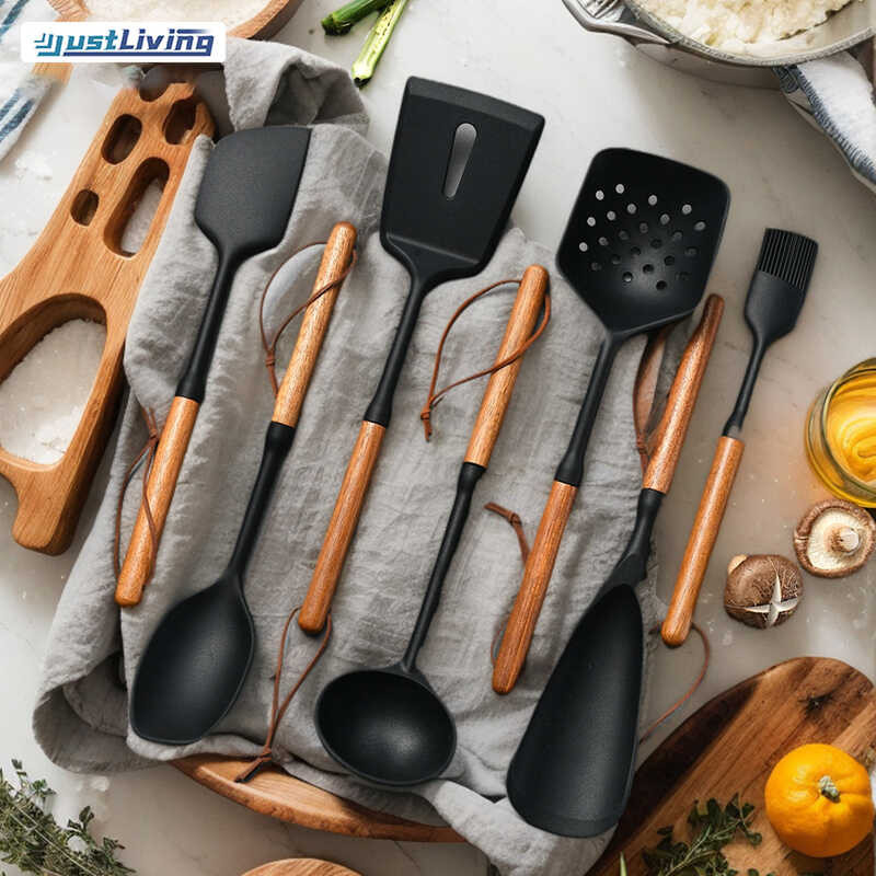 Cooking Silicone Utensils: Wooden Handle Slotted Spatula + Cooking Skimmer, Heat Resistant Cooking