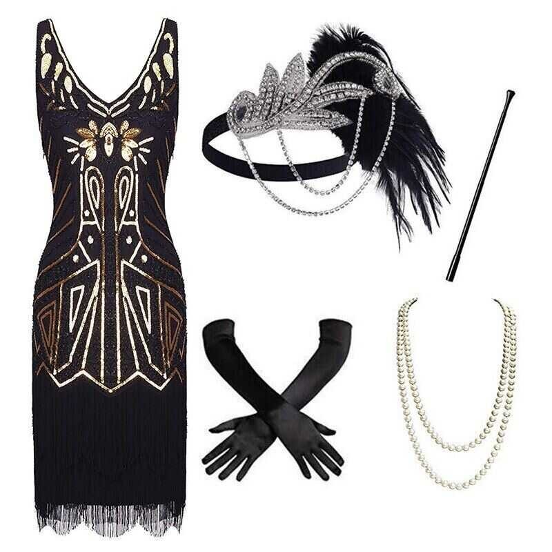 ❤ 1920S Flapper Great Gatsby Party Evening Sequins Fringed Dresses Gown Dress With 20S Accesso