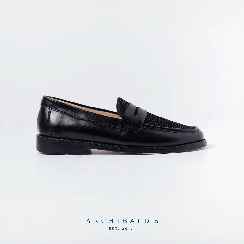 Archibald's Mesh Penny Loafers in Black Men's รองเท้าหุ้มส้นหนังแท้ ตาข่าย สีดำ ทรงผู้ชาย