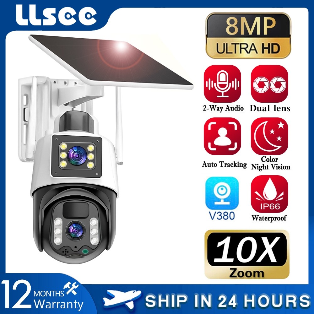 LLSEE V380 Pro IP Security Camera,4G SIM Card กล้องวงจรปิดพลังงานแสงอาทิตย์ 8MP 4K,กล้องวงจรปิดไร้ส