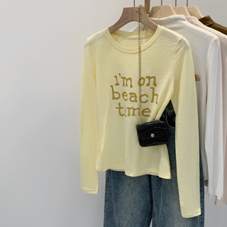 92120 เสื้อยืดแขนยาวสำหรับผู้หญิง พิมพ์ลายตัวอักษรสีเหลืองจา…