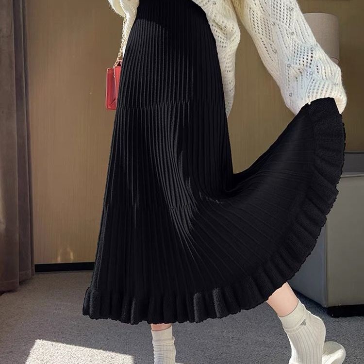 กระโปรงถักลายจีบสำหรับผู้หญิง สไตล์เอวสูง ทรงเพรียว ความยาวระดับเข่า ทำจากผ้าคุณภาพดี - รูปที่ 3