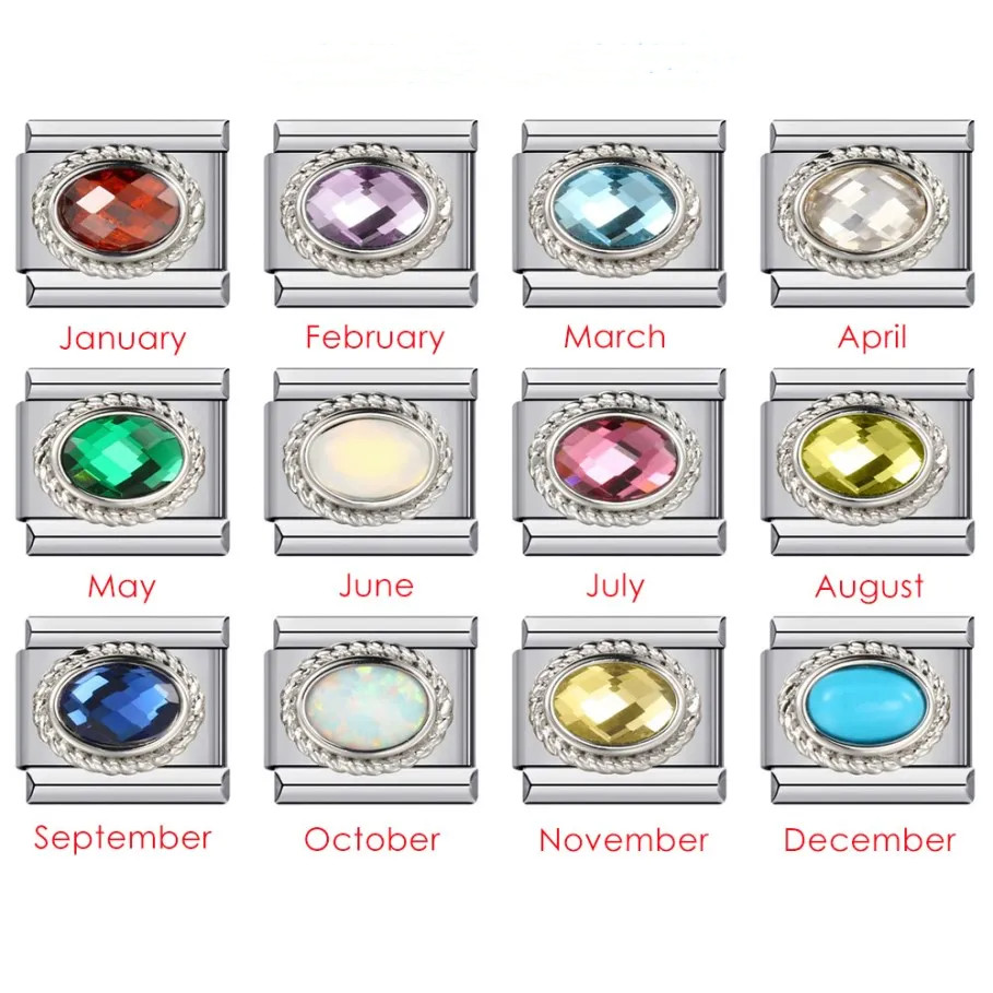 การออกแบบแฟชั่น 12 Birthstone สีสัน Zirconia อิตาเลี่ยน Charm Links Fit 9 มม.สร้อยข้อมือเครื่องประดับสแตนเลส DIY ทํา