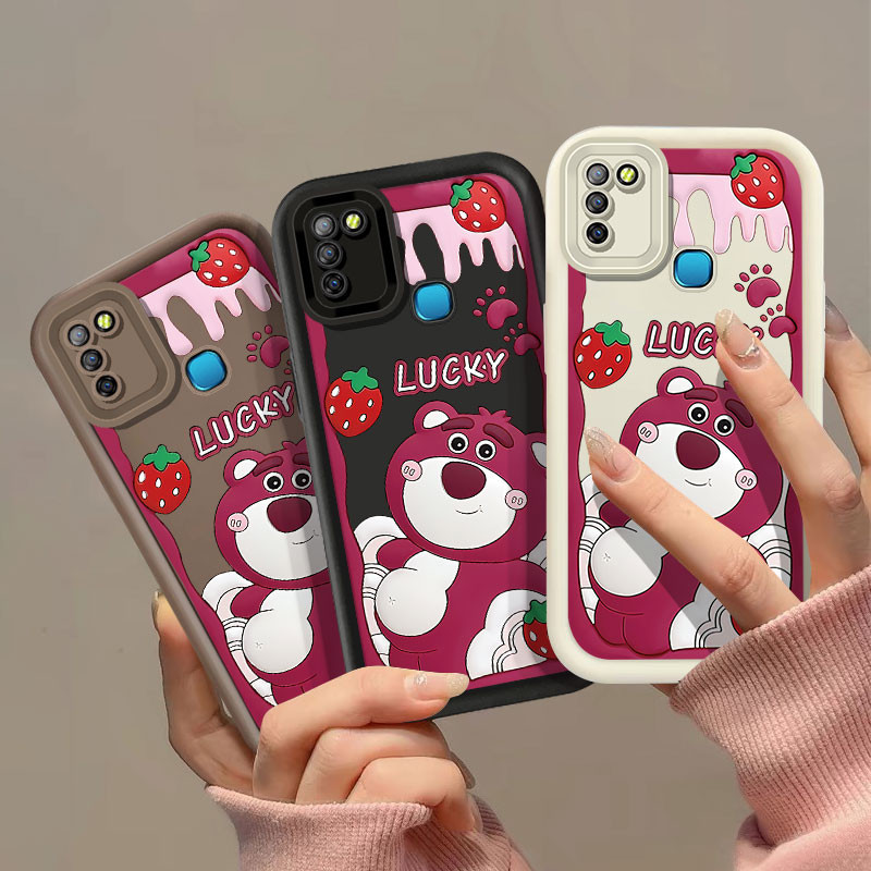 สําหรับ Infinix Hot 10 Lite Hot 9 10 11 Play Hot 12i 20i 30 30i 40i 40 Pro X680 / Tecno Spark 20 Pro ปลอก Lucky น่ารักผ่อนคลายสตรอเบอร์รี่หมีซิลิโคนกันกระแทกเปลือกโทรศัพท์นุ่ม