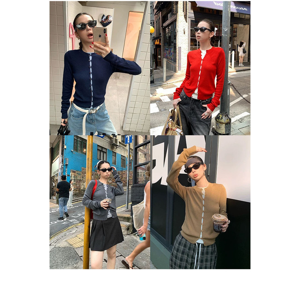 Shanmieleng เสื้อคาร์ดิแกนถักผู้หญิงต้นฤดูใบไม้ร่วงเก๋ Multi-Button Design สีทึบปลอมสองชิ้นเสื้อแขนยาว