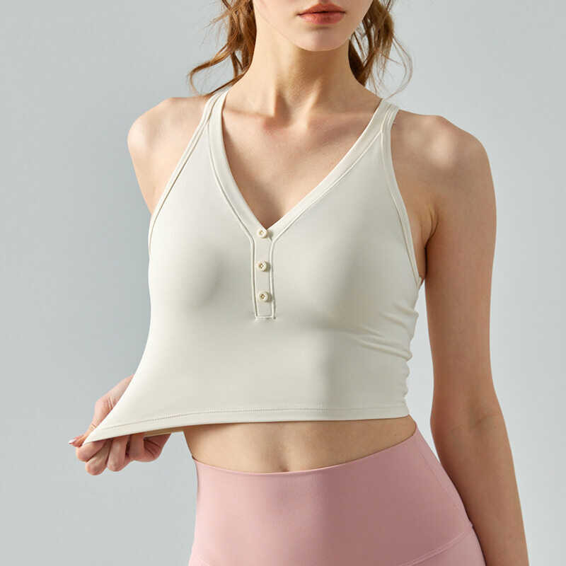 ❤ HOPPE FUMENG Yoga Sports Bra Cross Back V-Neck Fixed Button Running Fiess