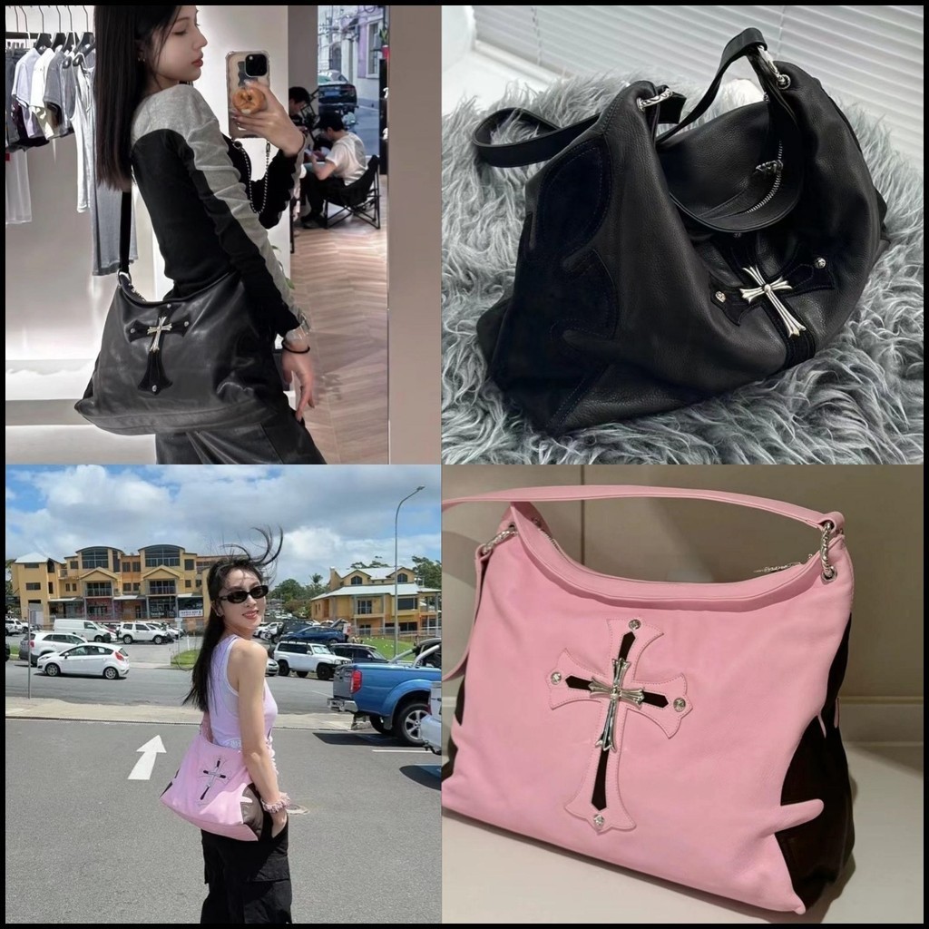 Chrome Hearts โครเมียม หัวใจ กระเป๋าโท้ทผู้หญิงแบบไขว้,กระเป๋าสะพายหนังวัวสีดํา,กระเป๋าสะพายข้างหนั
