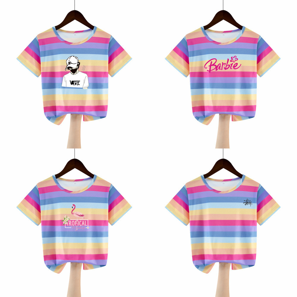สาวแขนสั้นคอกลมทีผ้าไหมน้ําแข็งเสื้อการ์ตูนมันวาว