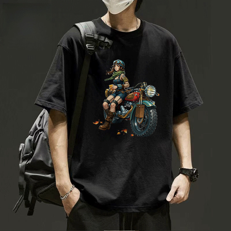 เสื้อยืดผู้ชาย สีดําแขนสั้น วินเทจ ลายการ์ตูน สีขาว-ดำ ผู้ชาย สตรีทแฟชั่น คอกลม OVERSIZE เสื้อยืด