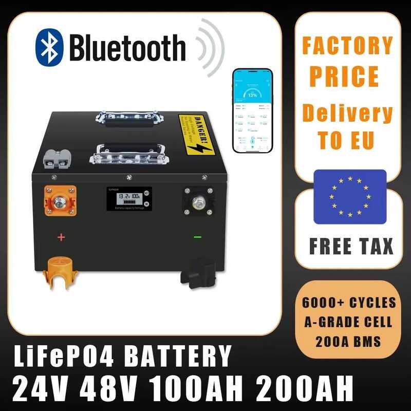 แบตเตอรี่ LiFePO4 48V 24V 50Ah 100Ah 200AH พร้อม BMS Bluetooth ในตัว สำหรับเก็บพลังงานแสงอาทิตย์ในบ้