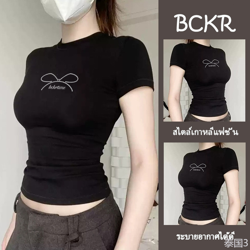 แฟชั่นเกาหลีสไตล์ลายโบว์ เข้ารูป เซ็กซี่ เสื้อผญ เสื้อชุดหน้าร้อน สั้น สาวแซ่บ เข้ารูปเอวสวน เสื้YG
