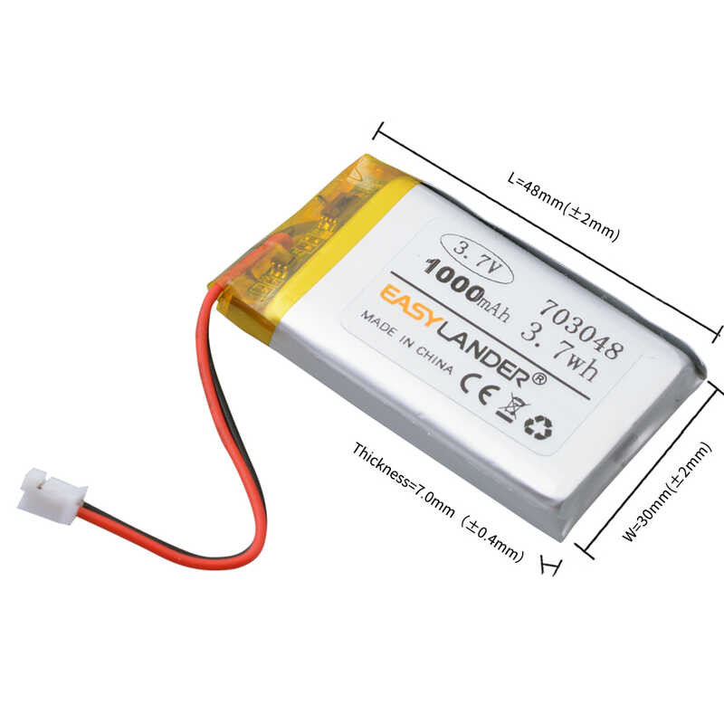 Δ 3.7V 703048 Jst2.0Mm 2 ขา 1000Mah แบตเตอรี่ลิเธียมไอออนโพลิเมอ