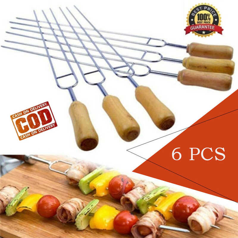 LY 6X สแตนเลสสตีล Skewers Bbq Skewers ด้ามไม้ส้อม