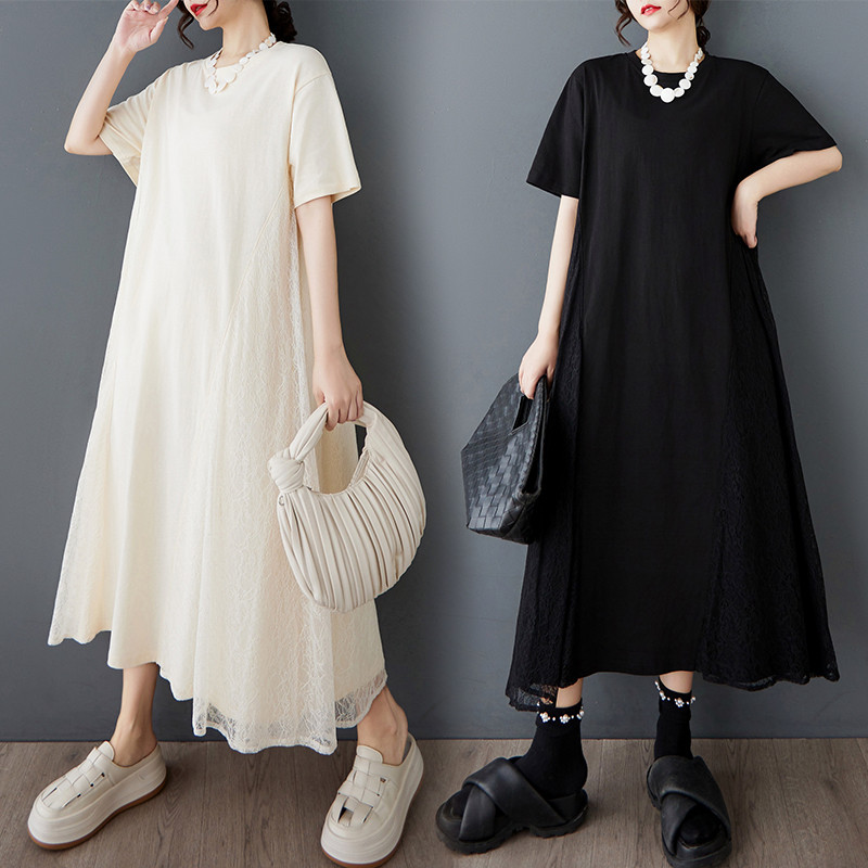 Ladivi Plus ขนาดแฟชั่นผู้หญิง Patchwork ลูกไม้ชุดลําลองหลวมขนาดใหญ่ฤดูร้อน Tunics 5232 C018