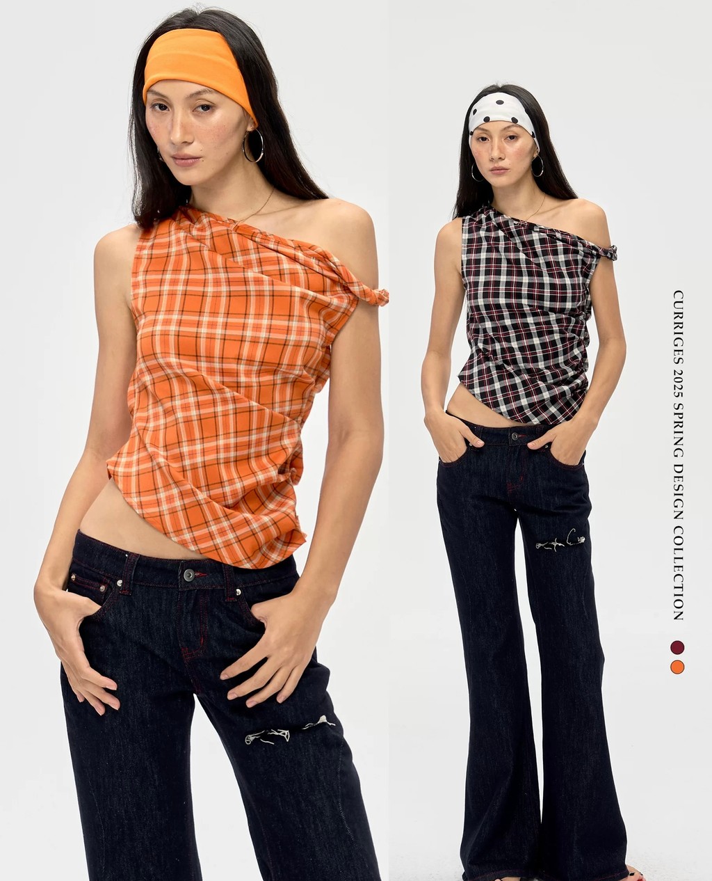 Shanmieleng ฤดูร้อนสไตล์ใหม่ Retro Off-the-Shoulder Design ไหล่เฉียงสีสดใสตรวจสอบผู้หญิงชั้นนํา