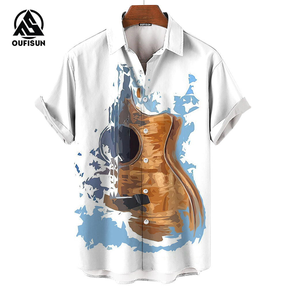 เสื้อเชิ้ตแขนสั้นผู้ชาย ลายพิมพ์โน้ตดนตรี ไซส์ใหญ่ หลวมสบาย  สไตล์สตรีทเวอร์ ชุดเที่ยวพักผ่อน