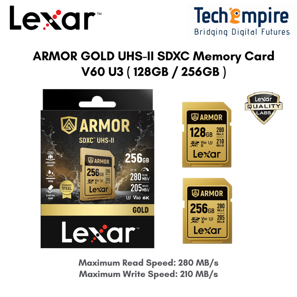 Lexar 128GB/256GB ARMOR GOLD UHS-II SDXC การ์ดหน่วยความจํา V60 U3 Class 10 อ่านสูงสุด 280 MB/s เขียน