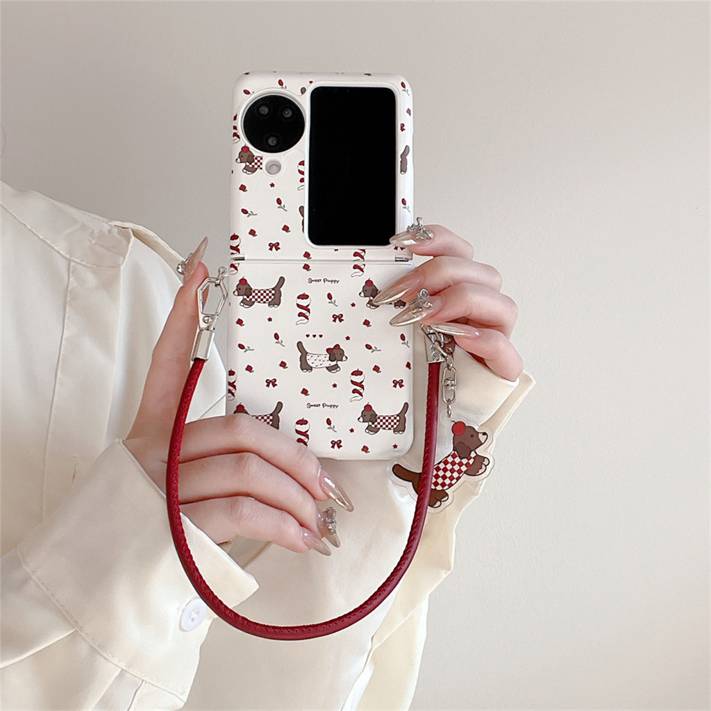 เกาหลีน่ารักแกนกลาง Apple Dachshund Wine Red Rope Case สําหรับ OPPO Find N2Flip N3flip N2 Flip N3 N3