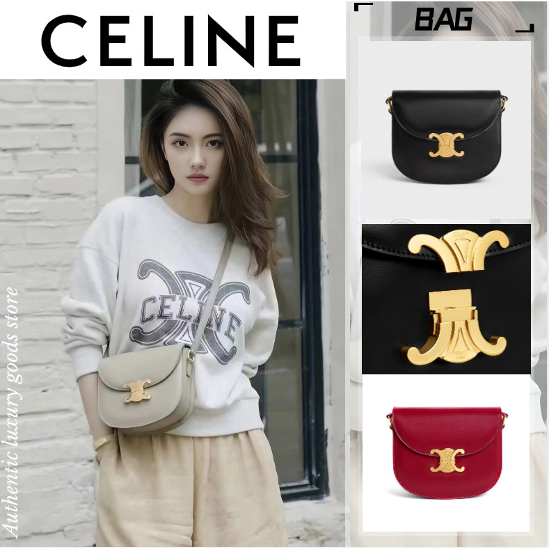 ♞,♘เซลีน CELINE TEEN BESACE TRIOMPHE กระเป๋าถือหนังมันวาว/กระเป๋าผู้หญิง/ขนาดเล็ก/กระเป๋าอาน XA