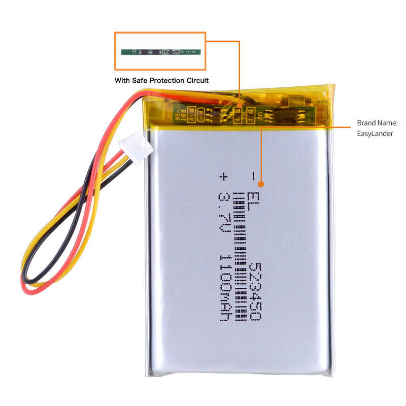 Δ 3.7V 1100Mah 523450 Jst1.25 มม. 3 ขาแบตเตอรี่ลิเธียมไอออนโพลิเ