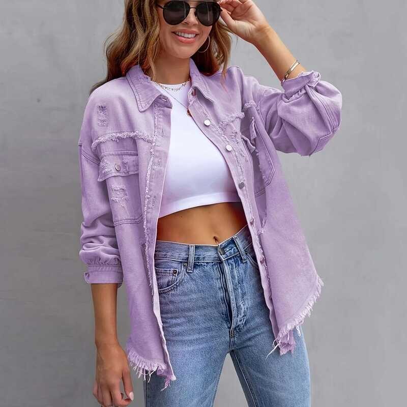 ▥ 2025 New Style Casual Medium-Length Denim Jacket Women's Loose Fit Torn Fabric Patch