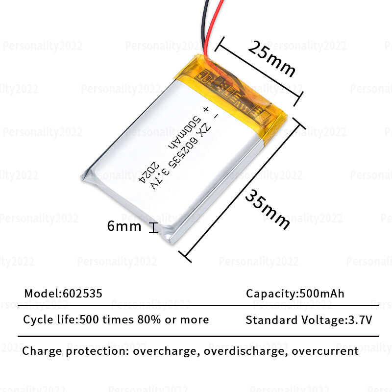 Δ 602535 3.7 โวลต์แบตเตอรี่ลิเธียมแบตเตอรี่ลิเธียม 500Mah