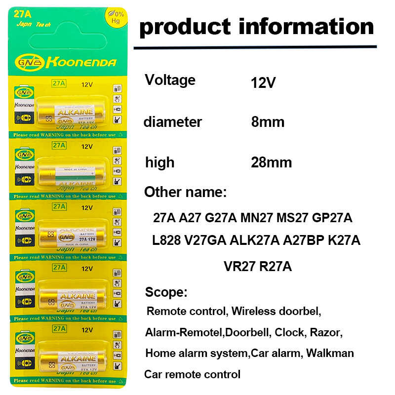 Δ 100Pcs 12V 27A L828 แบตเตอรี่อัลคาไลน์ G27a Mn27 Ms27 Gp27a A27 V27ga A27bp