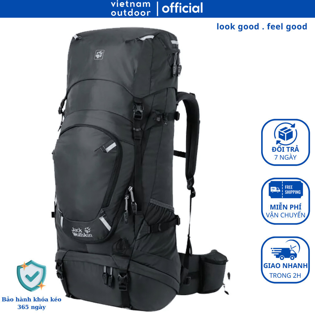 ในสต็อก Jack WOLFSKIN HIGHLAND TRAIL XT 60 กระเป๋าเป้เดินป่าคุณภาพสูงพร้อมเสื้อกันฝนขับเคลื่อน VIETA