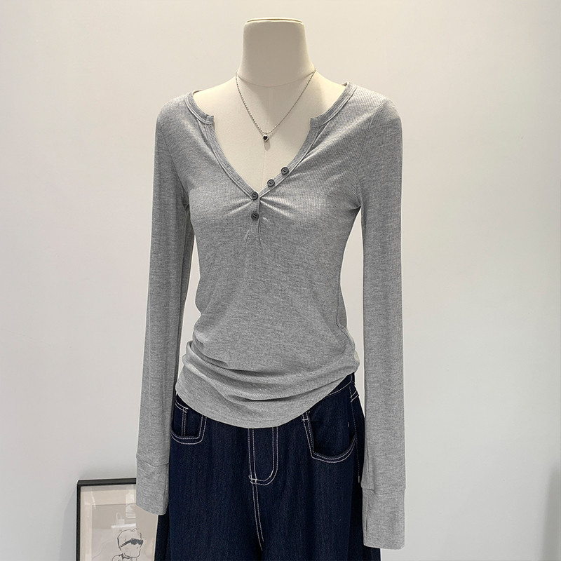 81112 คอวีปุ่มสลิมฟิตเสื้อยืดแขนยาวด้านล่าง