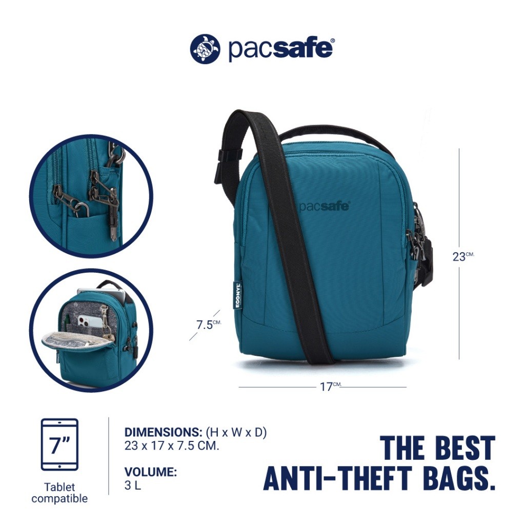 Pacsafe METROSAFE LS100 ECONYL RECYCLED CROSSBODY BAG ANTI-THEFT กระเป๋าสะพายพาดลำตัว กระเป๋ากันขโม